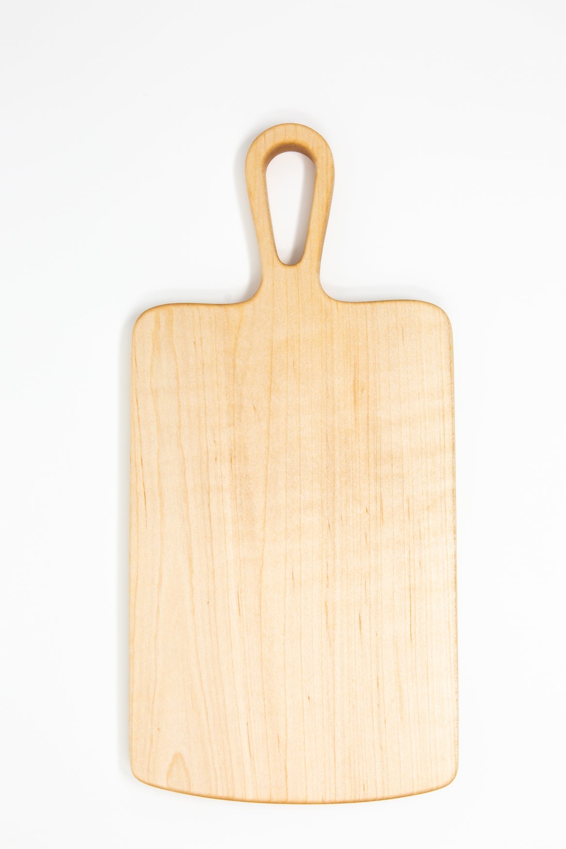 Extra small wood charcuterie board, made light blonde Maple, with smooth curves and a unique teardrop handle.